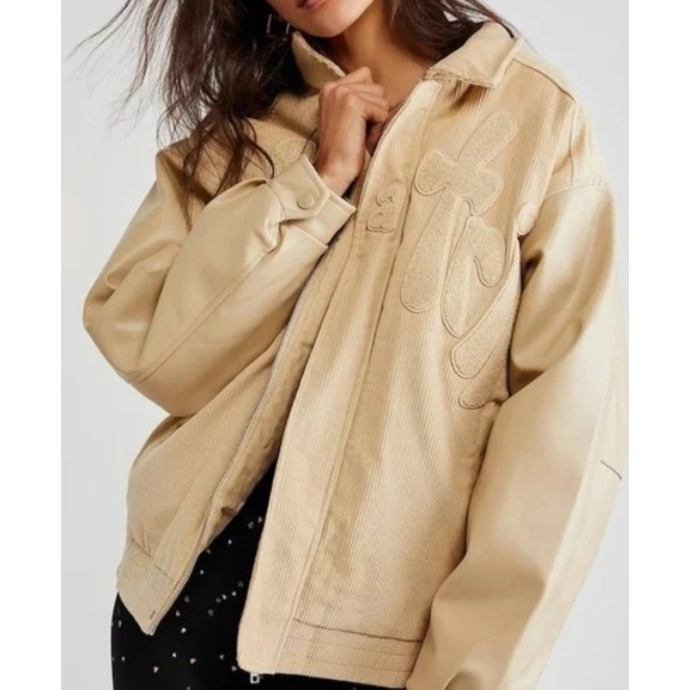 House of Sunny Take A Trip Corduroy Faux‎ Leather Bomber Jacket Tan L